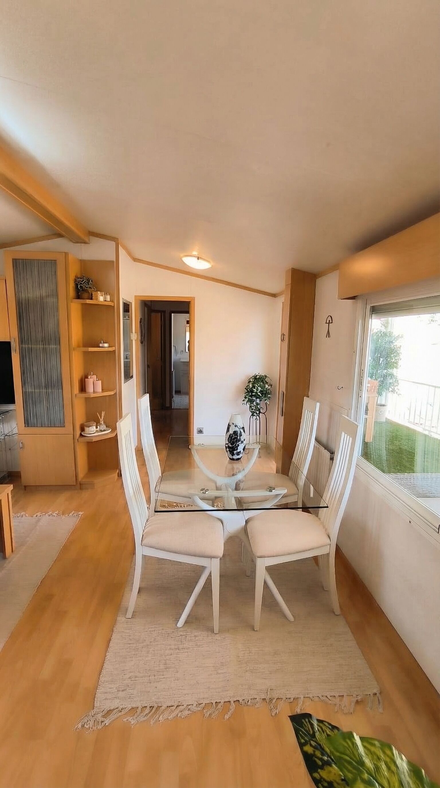 A dining area with a glass table and white chairs, a wooden cabinet with shelves, a potted plant, and a view of the outdoors.