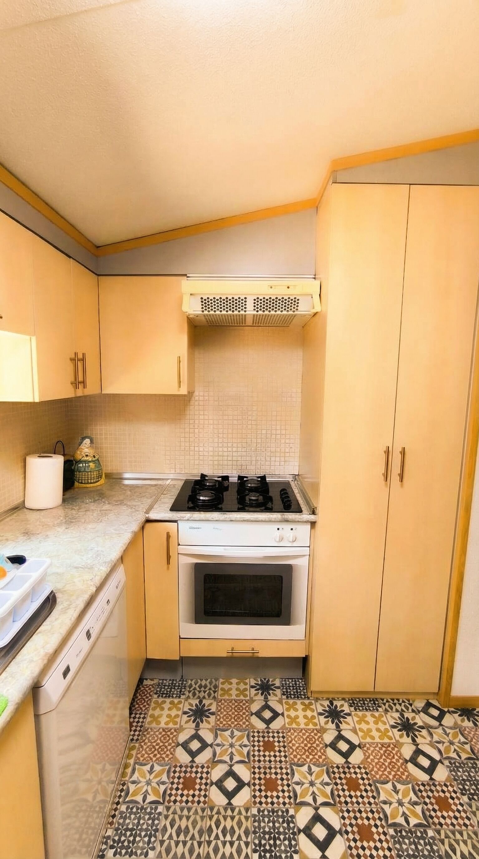 Una cocina con estufa, horno y salpicadero de azulejos.