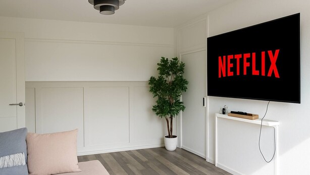 Ein modernes Wohnzimmer mit einem Wand-Fernseher, der 'NETFLIX' anzeigt, einer Topfpflanze, einem Sofa mit Kissen und einer weißen Unterhaltungsecke.