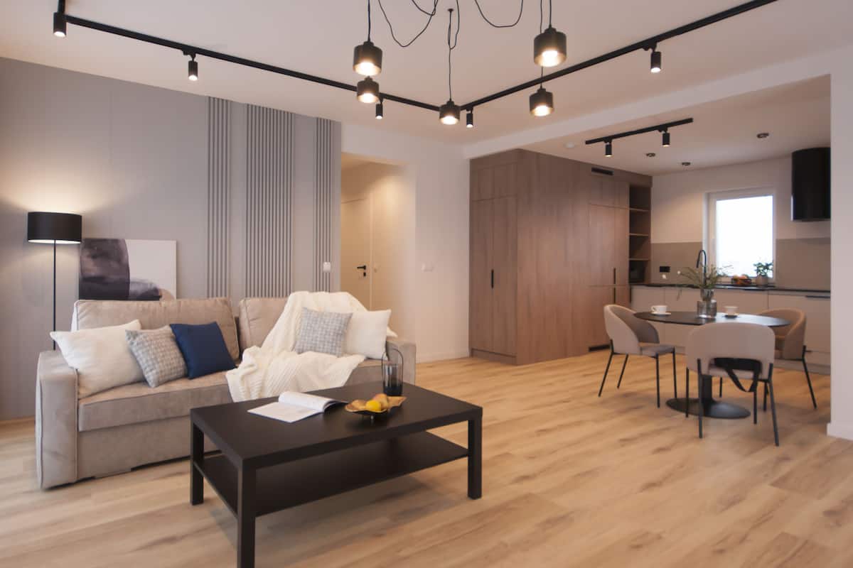Un salon moderne avec un canapé, une table basse et un coin repas.