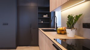 Een moderne keuken met donkere kastjes, een houten aanrecht, een spoelbak en een potplant.