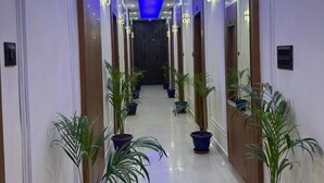 Un pasillo con plantas en macetas, iluminación empotrada y un detalle azul en el techo.