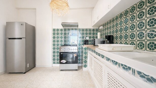 Una cucina con frigorifero in acciaio inossidabile, forno a incasso e pannelli decorativi a parete.