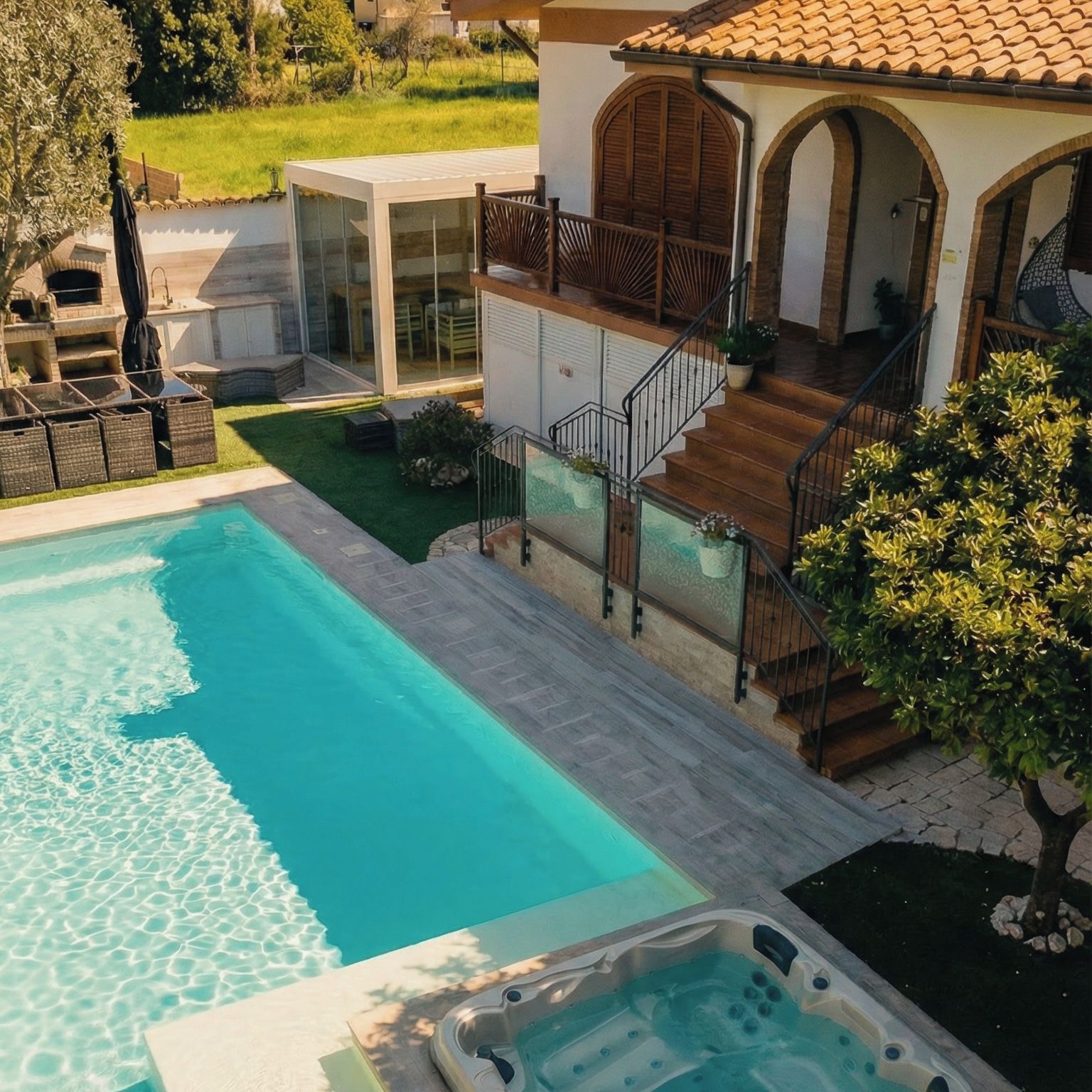 A residential property with a swimming pool, a hot tub, and a balcony with a view of the surrounding landscape.