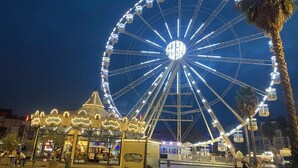Une grande roue, un carrousel et des palmiers.