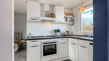 Fridge, stovetop, dishwasher, coffee/tea maker