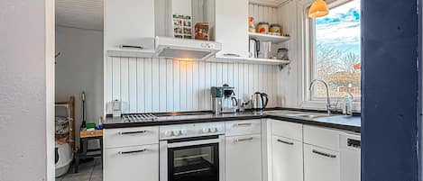 Fridge, stovetop, dishwasher, coffee/tea maker