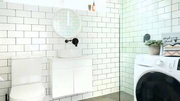 Hair dryer, towels, soap, toilet paper