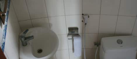 Shower, towels, soap, toilet paper