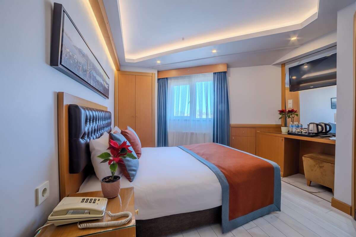 Habitación de hotel con cama, mesita de noche, teléfono y escritorio con televisor de pantalla plana.