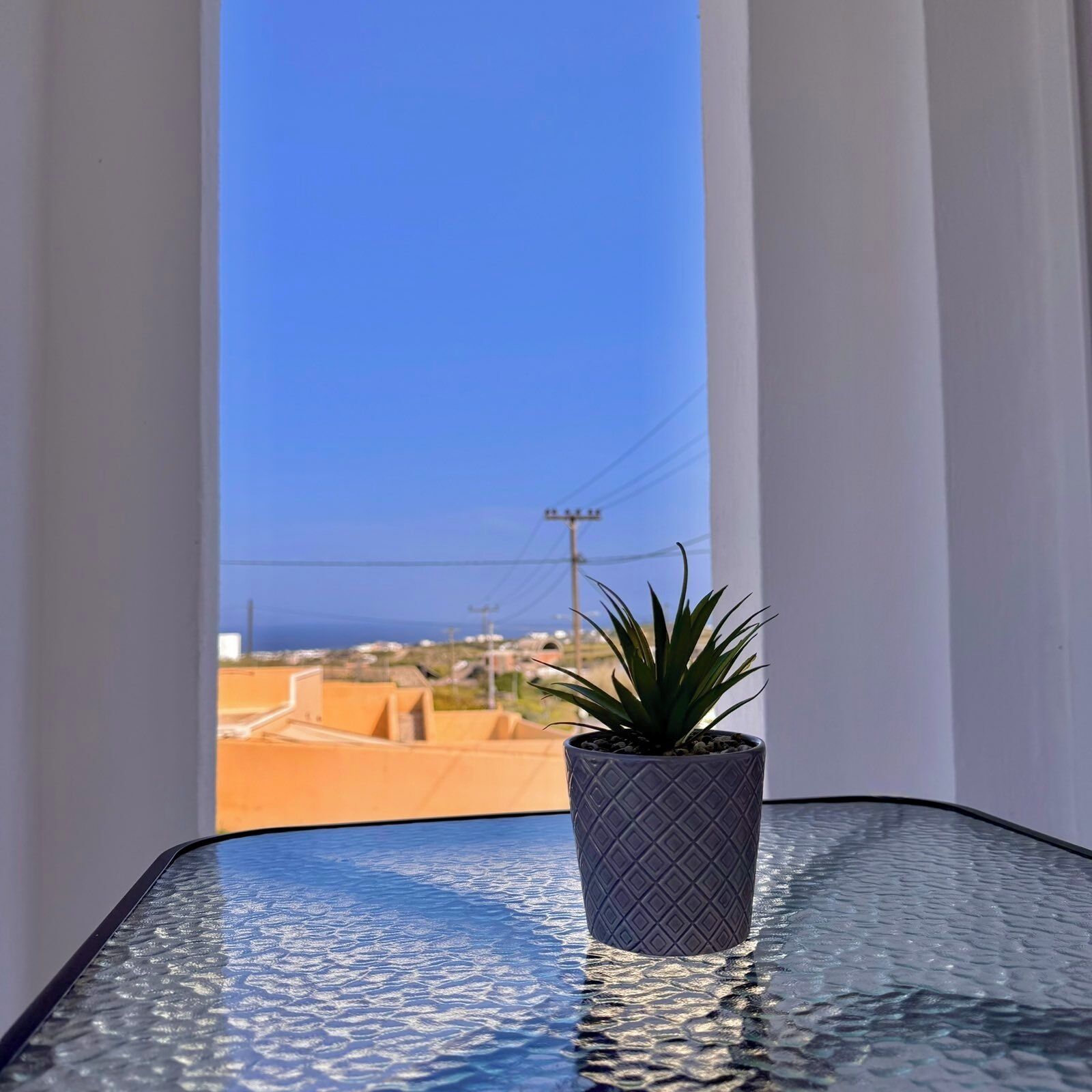 A potted plant on a glass table by a window with a clear view of a distant landscape.