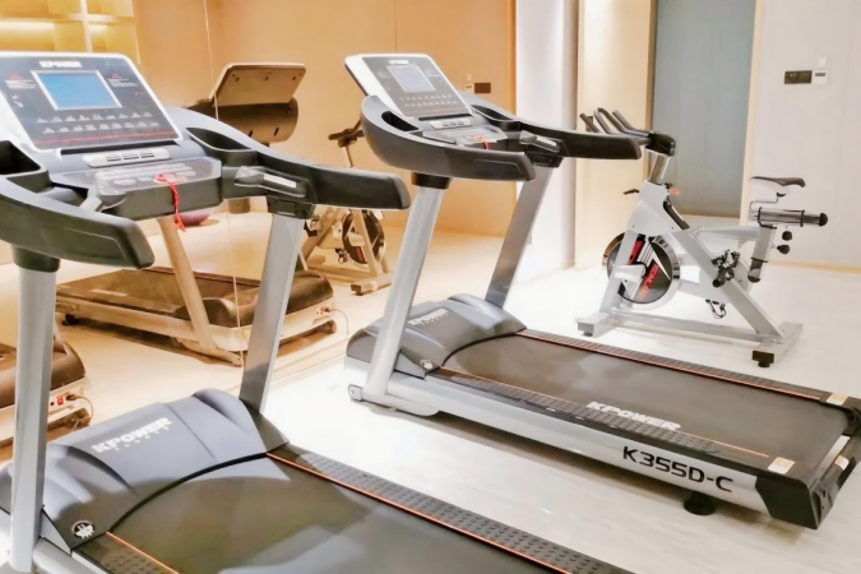 A treadmill, a stationary bike, and a rowing machine in a gym area.