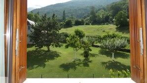 Una finestra aperta con vista su un paesaggio verde, tra cui alberi e una collina.