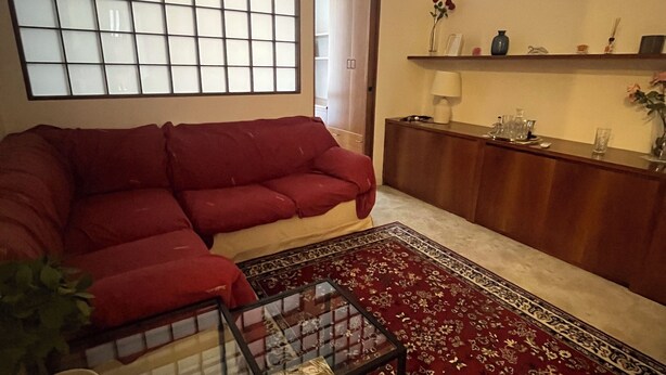 Ein Wohnzimmer mit einem roten Sofa, einem Glastisch, einem gemusterten Teppich und einem großen Fenster mit Rillendesign.
