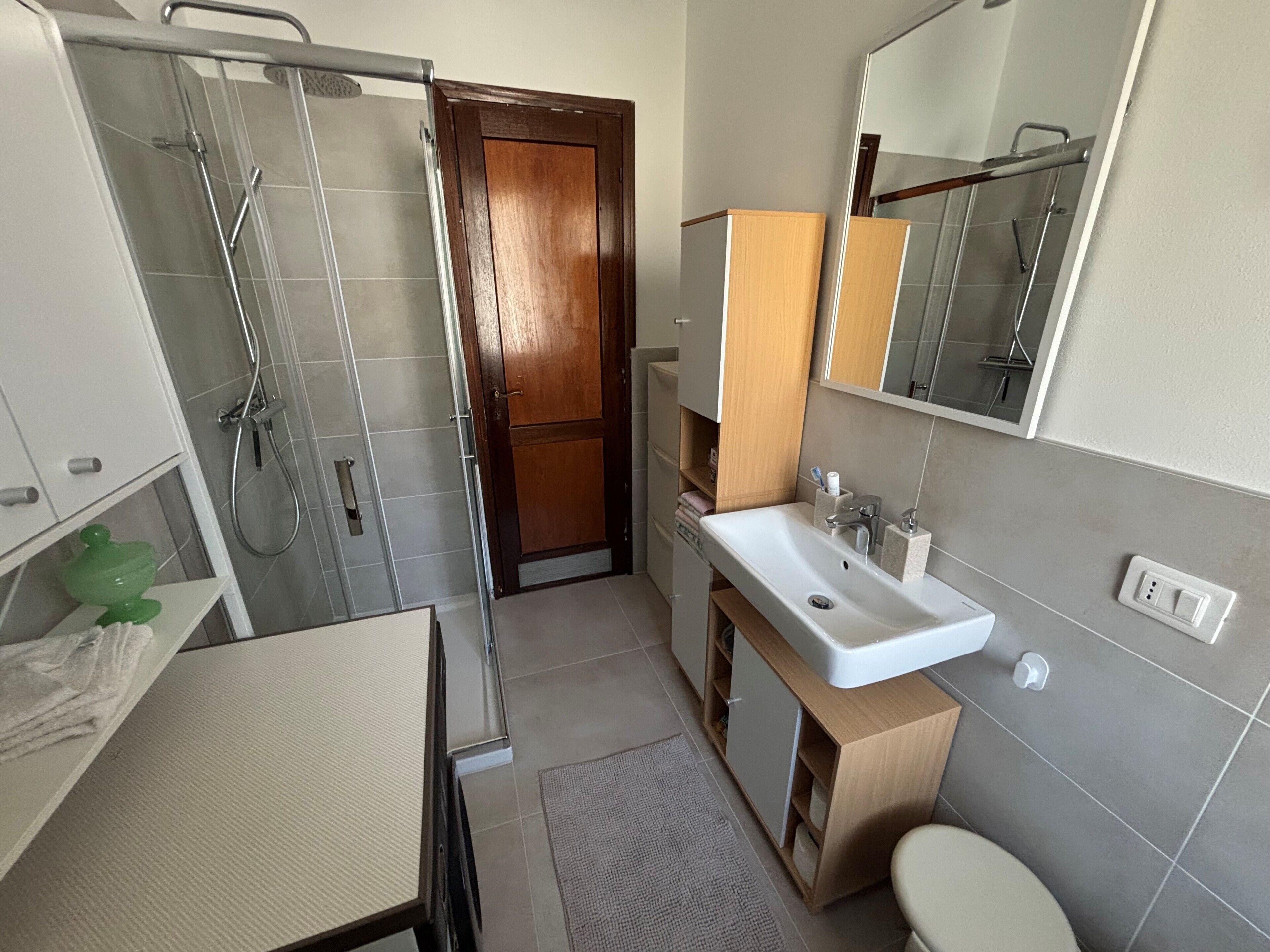 Een badkamer met douche, wastafel, spiegel en toilet.