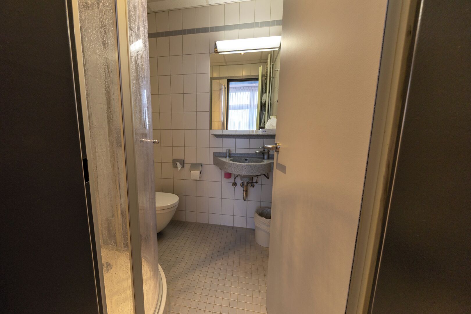 A bathroom with a toilet, sink, and shower area.