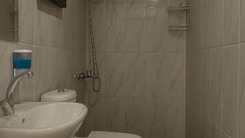 Un baño con lavamanos, inodoro y ducha.