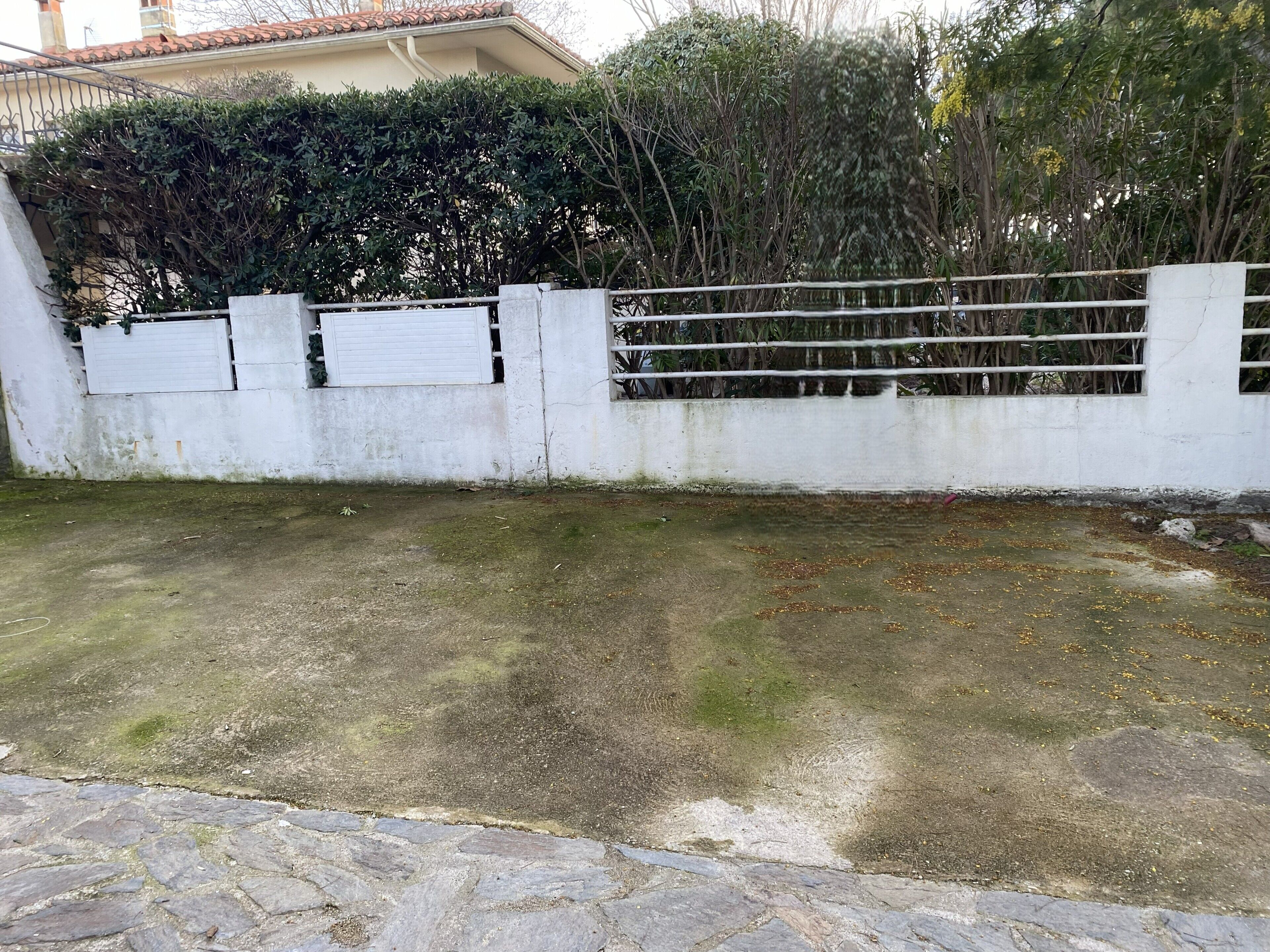 Un área pavimentada con un muro blanco y una cerca de metal, rodeada de follaje y un edificio al fondo.