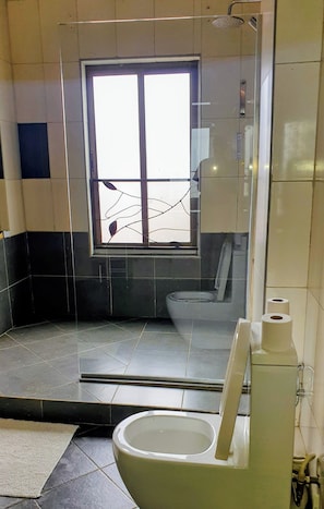 Un baño con cabina de ducha de vidrio, inodoro y ventana.