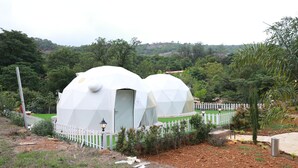 Two dome-shaped structures with a white exterior, surrounded by a white picket fence, set in a lush green landscape with a hilly backdrop. - Harmony Hills (Paud)