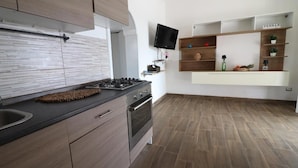Una cocina moderna con estufa a gas, horno y armarios de madera.