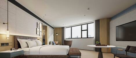 Una habitación de hotel moderna con una cama grande, televisión, una mesa redonda y vistas a la ciudad.