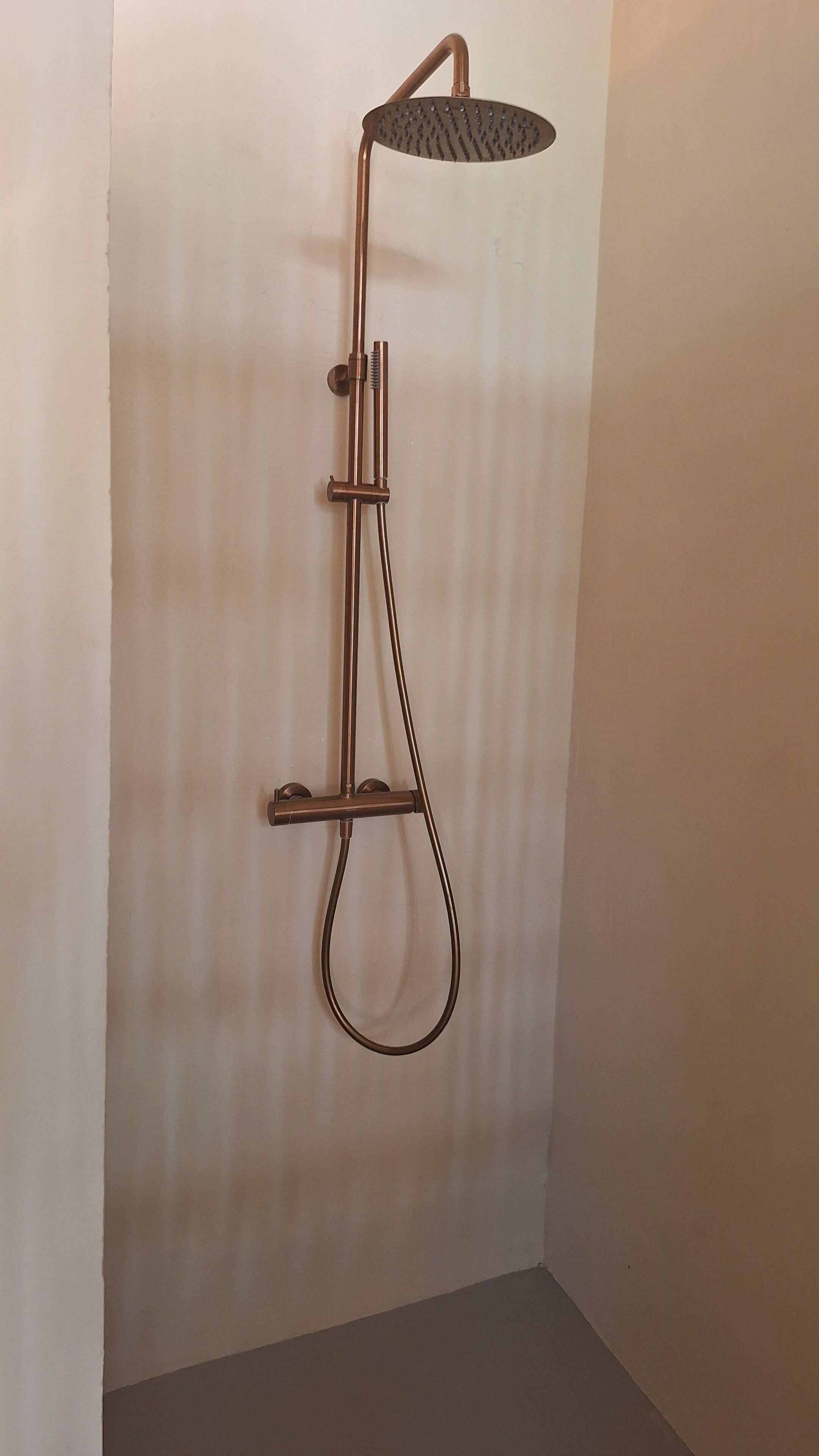 Une douche dotée d’un pommeau de douche incurvé et d’un pommeau de douche à main.