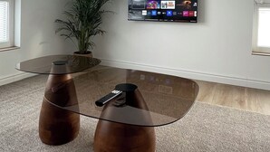 Ein modernes Wohnzimmer mit einem flachbildfernseher an der Wand, einem Glastisch, einer Topfpflanze und einer Fernbedienung auf dem Tisch.