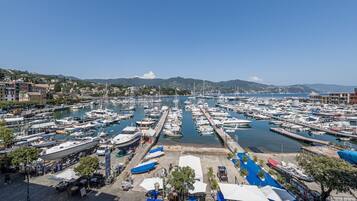 Un port de plaisance où sont amarrés de nombreux bateaux, un ciel dégagé et un paysage vallonné en arrière-plan.