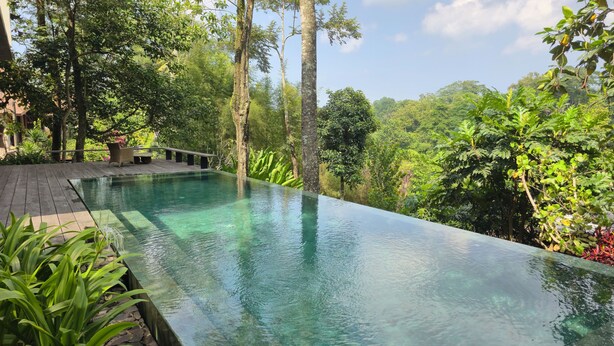 A clear infinity pool with a wooden deck and lush greenery surrounding it. - Villa Maxwell (Tabanan)