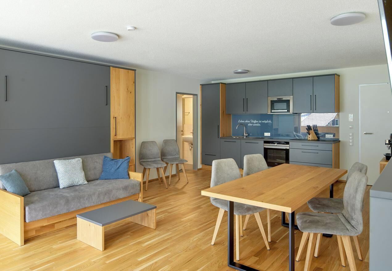 A modern living room with a sofa, chairs, a wooden dining table, and a kitchen area with cabinets and appliances.