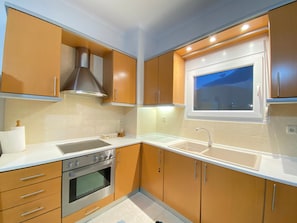 Eine moderne Küche mit Holzausstattung, einem Edelstahlbackofen, einer Spüle und einem Fenster mit Blick.
