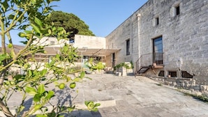 A courtyard with stone flooring, a building with a stone facade, and a tree in the background. - Masseria Torre Sant'Andrea  (Borgagne)