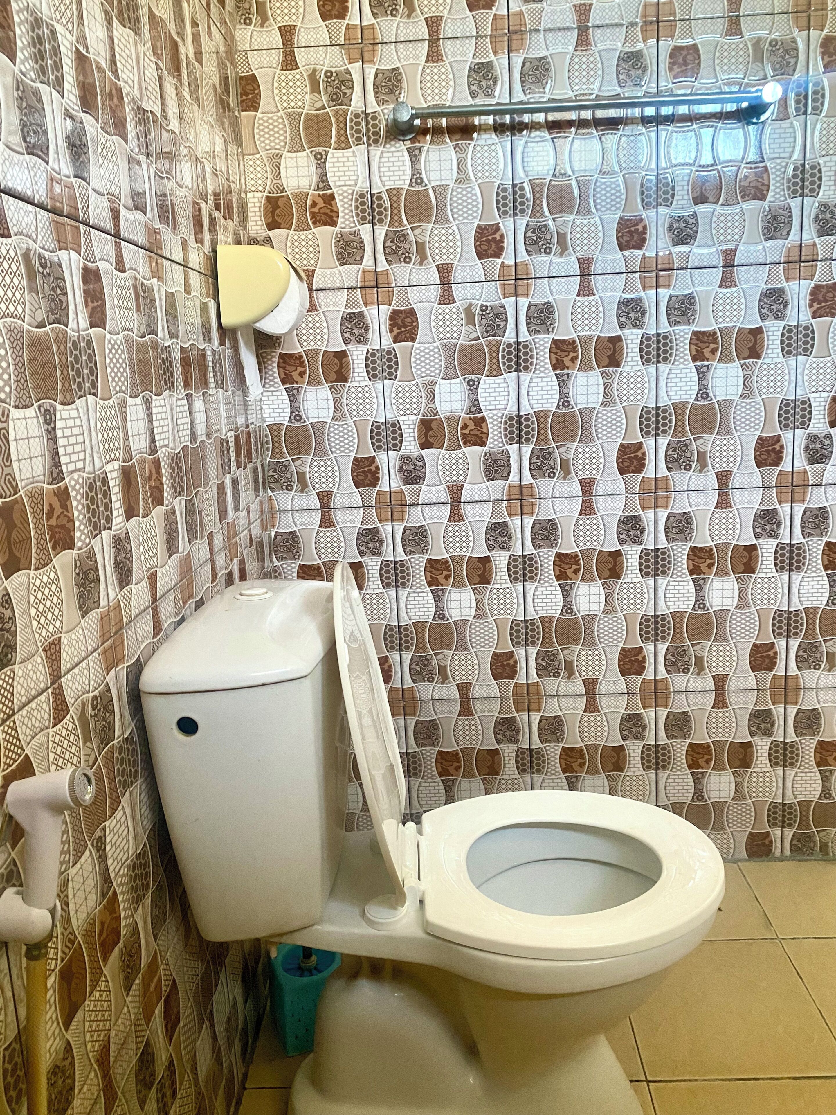 Une salle de bain avec des toilettes, un rideau de douche et un mur recouvert de carreaux formant une mosaïque.