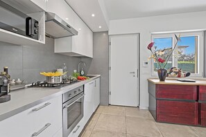 A modern kitchen with stainless steel appliances, a white door, and a window with a view of a house. - Olimpia Home - Terrace Dining and Pool (Tenno)