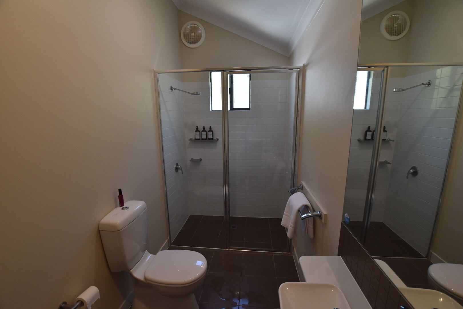 Shower, towels, soap, toilet paper