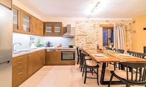 Fridge, microwave, dishwasher, coffee/tea maker - Villa Akalli | Private Pool & Hot Tub in a Restored Venetian Residence (Agia Paraskevi)