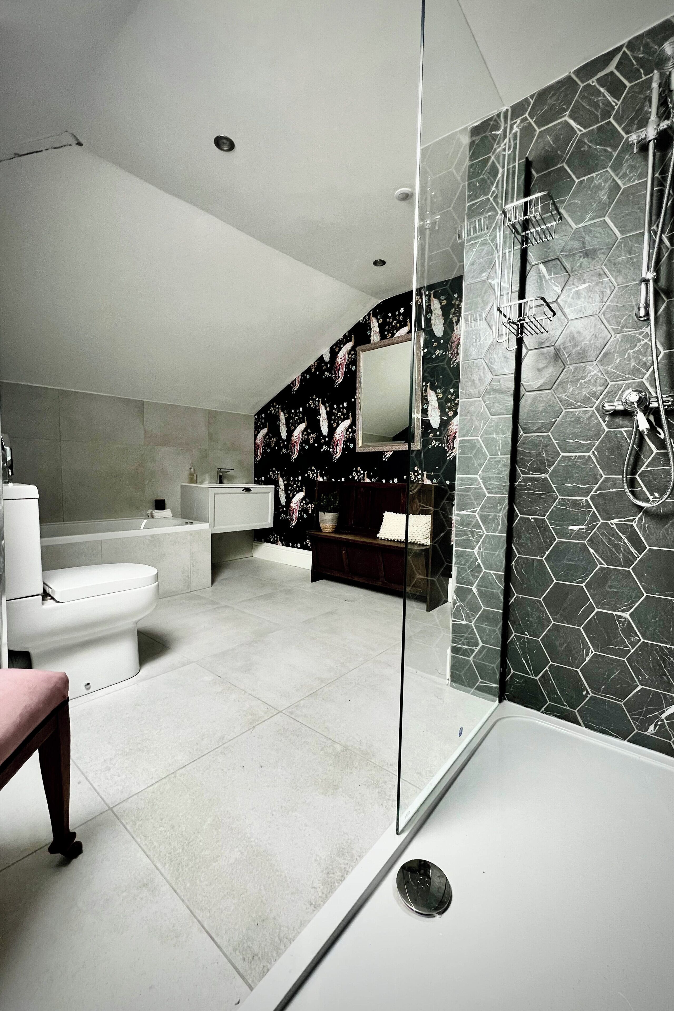 Shower, jetted tub, hair dryer, towels