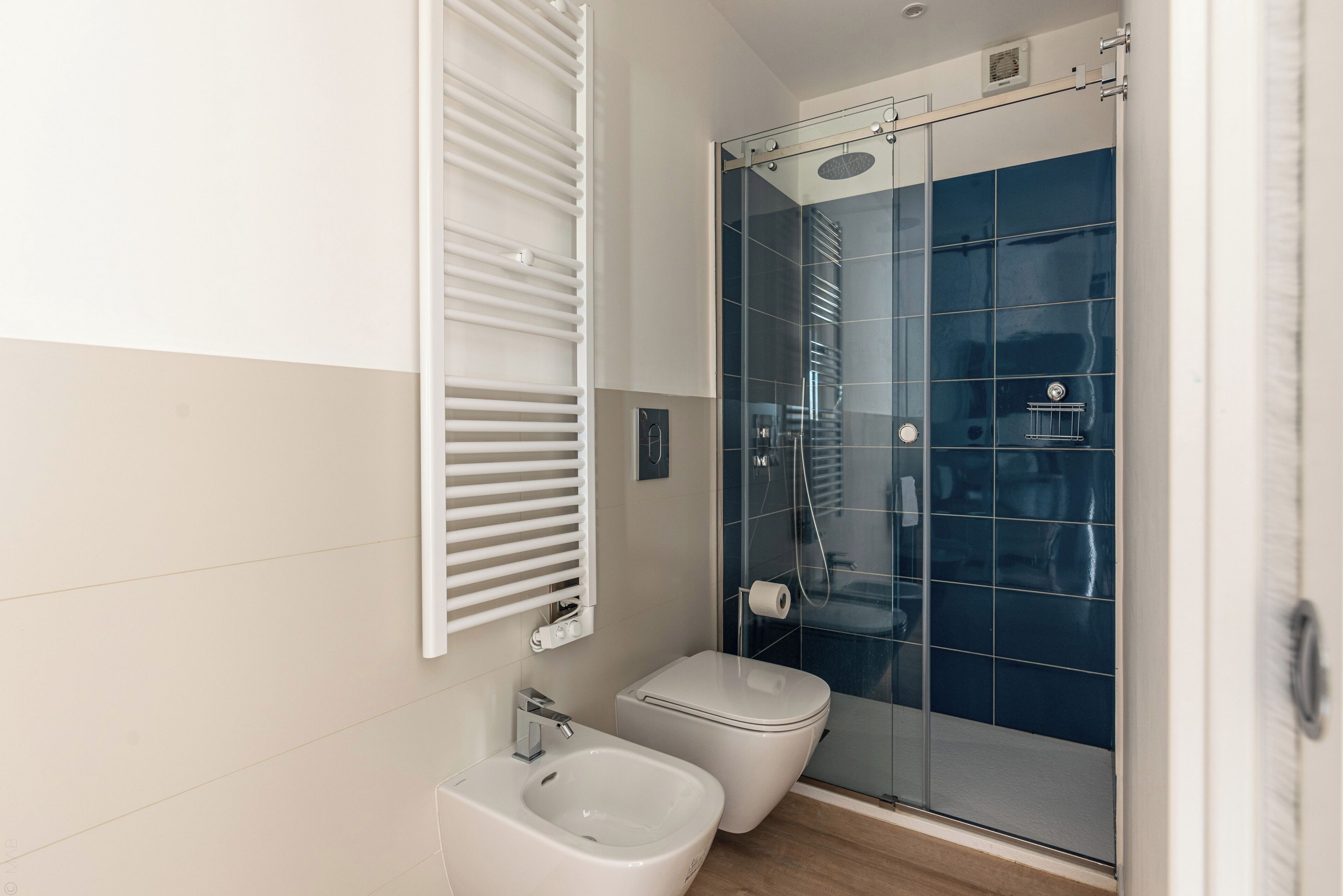 A modern bathroom with a glass shower enclosure, a white toilet, and a bidet.