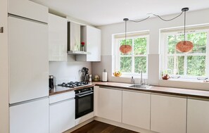 A modern kitchen with white cabinetry, a gas stove, and a sink. - Luxury holiday home with private sauna in Lunteren (Lunteren)