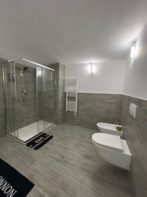 Chuveiro, secador de cabelo, bidê, toalhas de banho