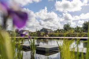 Une maison avec un étang devant, entourée de verdure et sous un ciel dégagé.