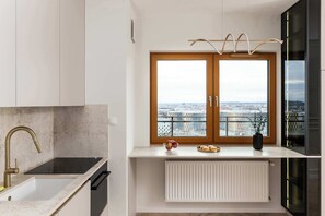 Fridge, microwave, oven, stovetop - Cozy Studio in Krakow | Balcony, Parking, Air Conditioning (Kraków)