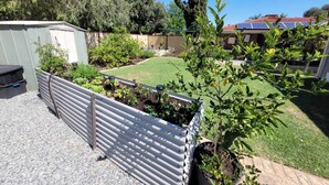 A backyard with a garden bed, a tall tree, and a building with a red roof. - Enjoy a relaxing stay at this cosy one bedroom granny flat near the sea (Warnbro)
