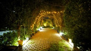 A pathway lined with potted plants and illuminated by string lights, leading through a garden. - The Mannat Farms (Taoru)