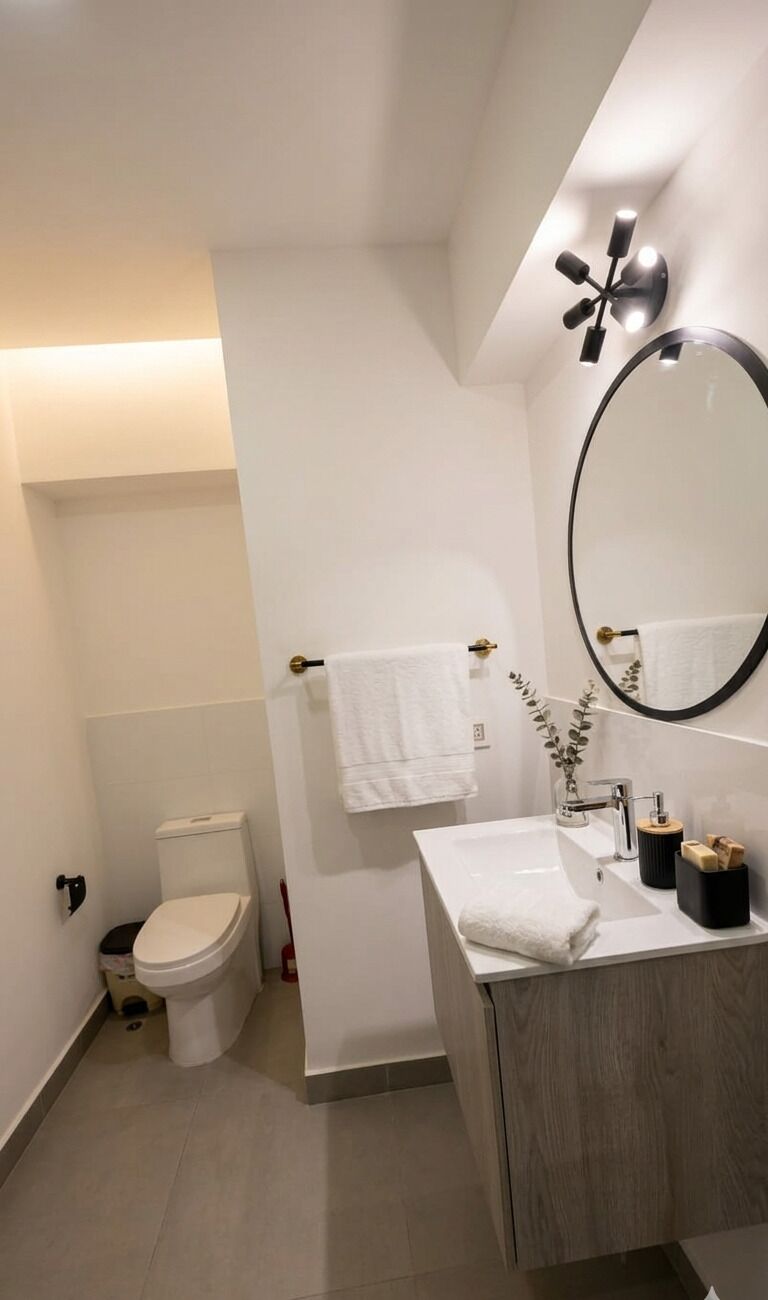 A modern bathroom with a toilet, sink, and mirror.