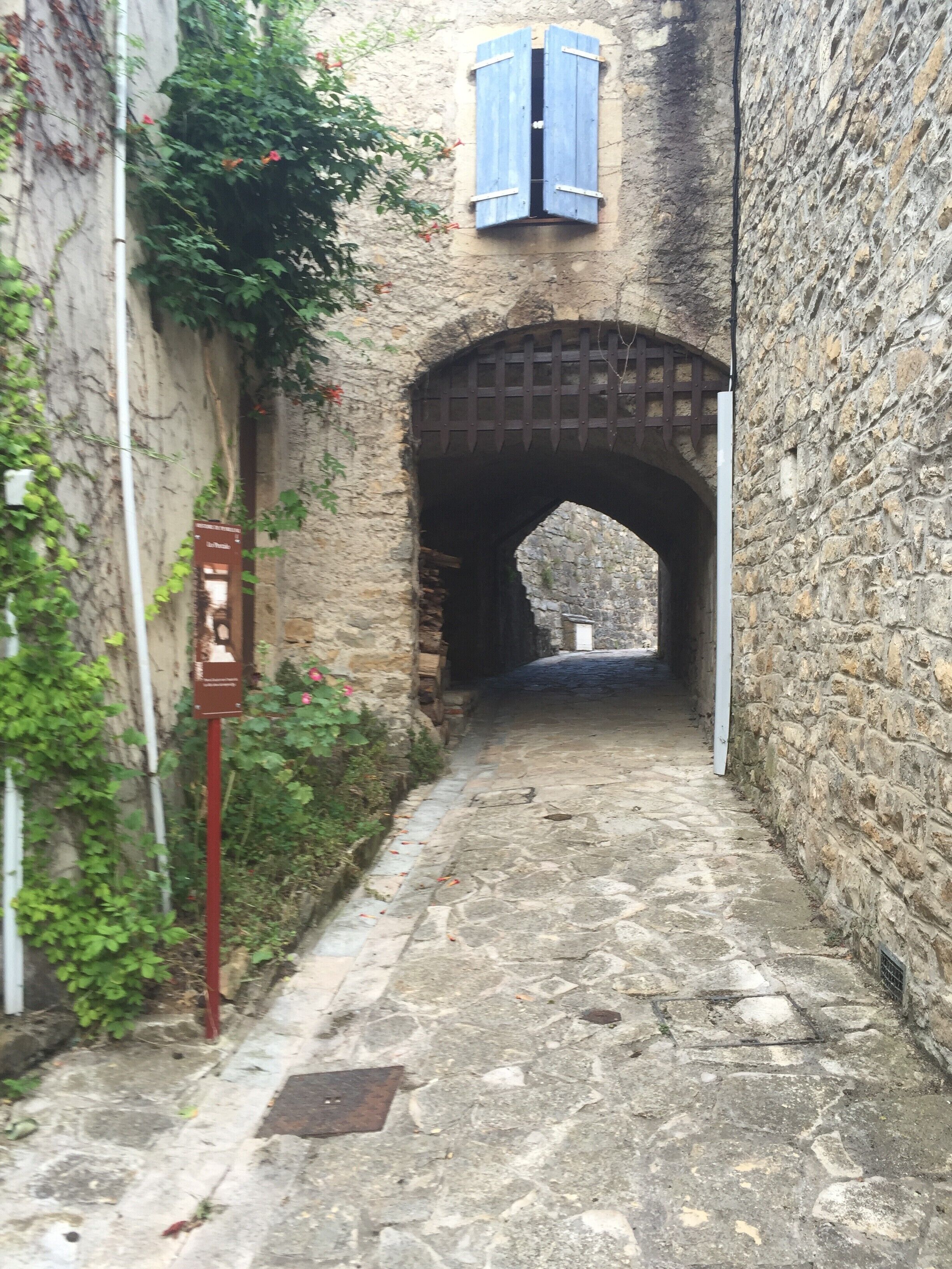 A narrow stone pathway leading through an arched stone bridge, flanked by stone walls and a wooden door with blue shutters.