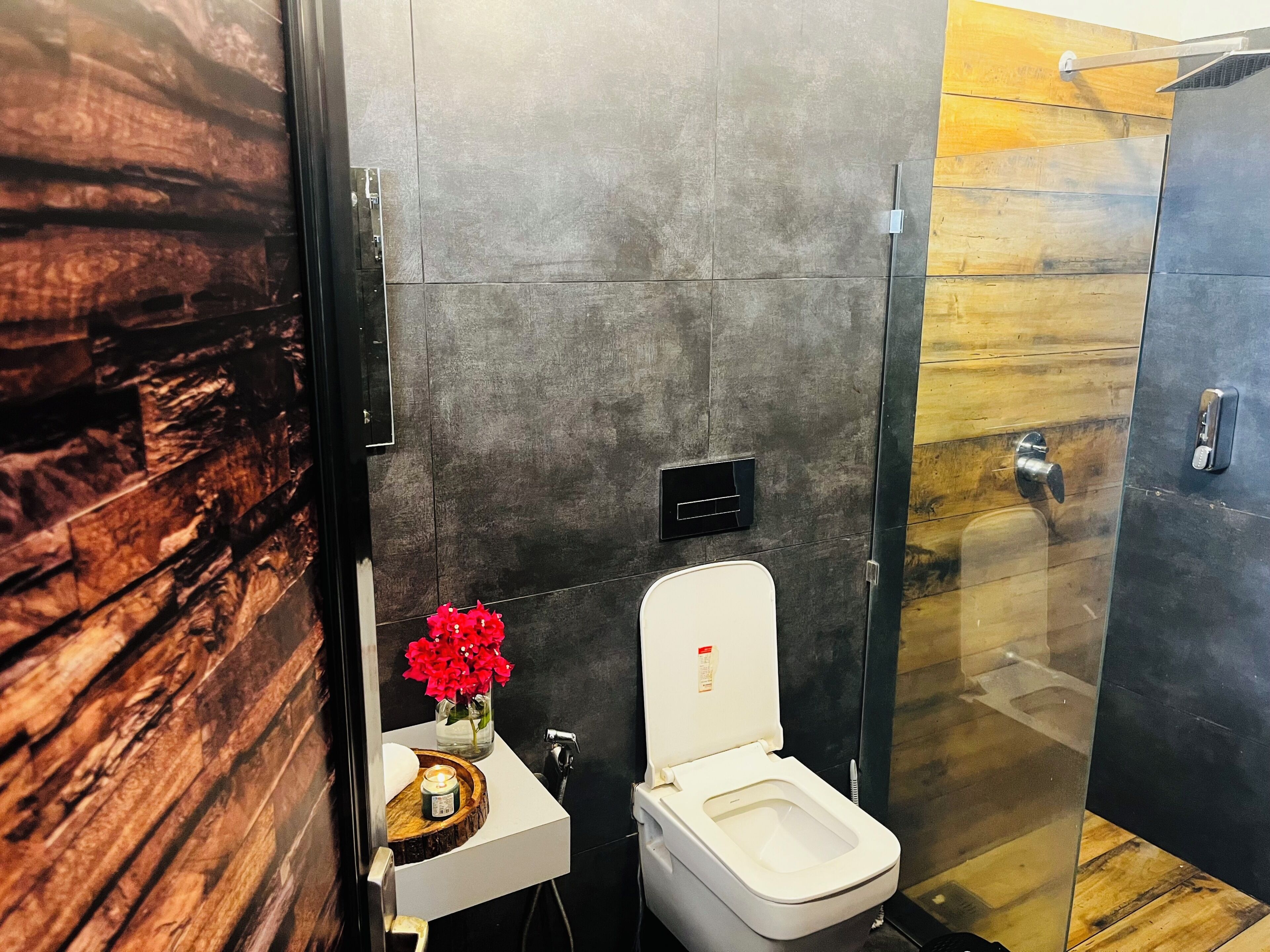 Bidet, towels, soap, toilet paper