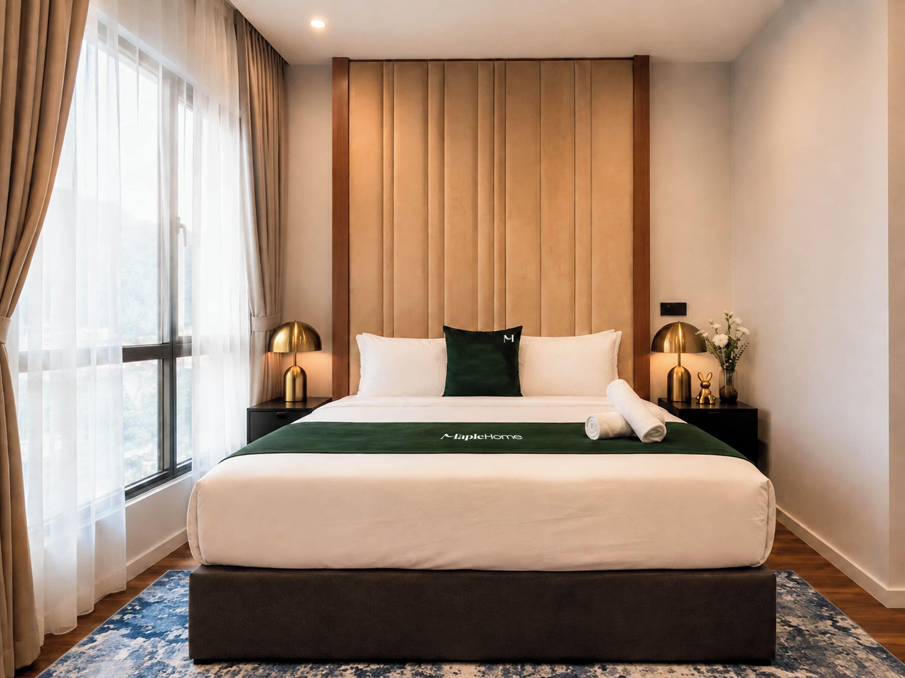 Habitación de hotel con cama, mesita de noche, lámpara, ventana con cortinas y vistas al exterior.