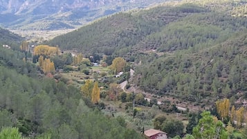 A mountainous landscape with dense forests, a winding road, and a small building.